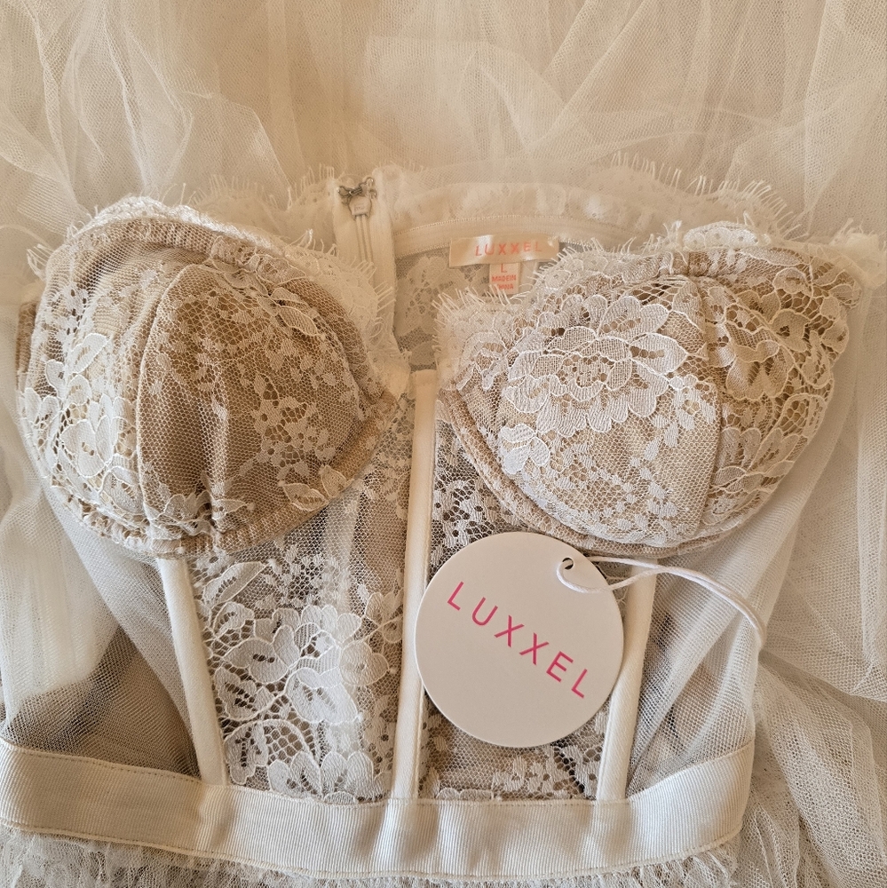 Luxxel Strapless Blush Pink Feather Tulle Gown - Picture 5 of 9
